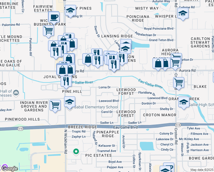 map of restaurants, bars, coffee shops, grocery stores, and more near 2620 Lorna Dr in Melbourne