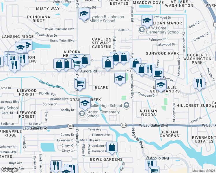 map of restaurants, bars, coffee shops, grocery stores, and more near 1600 Seneca Drive in Melbourne