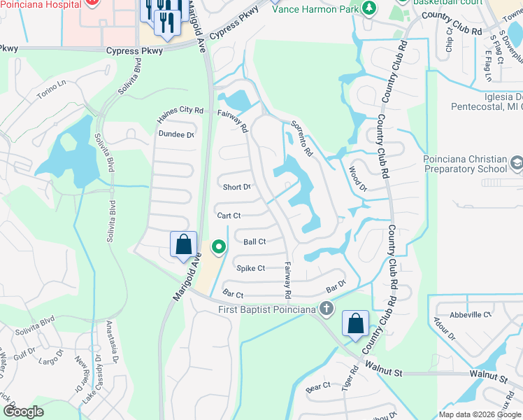 map of restaurants, bars, coffee shops, grocery stores, and more near 460 Cart Court in Kissimmee