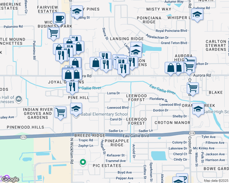 map of restaurants, bars, coffee shops, grocery stores, and more near 2620 Lorna Drive in Melbourne