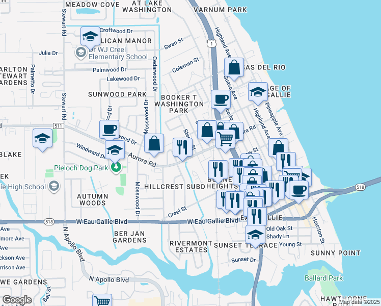 map of restaurants, bars, coffee shops, grocery stores, and more near 1667 Steele Street in Melbourne