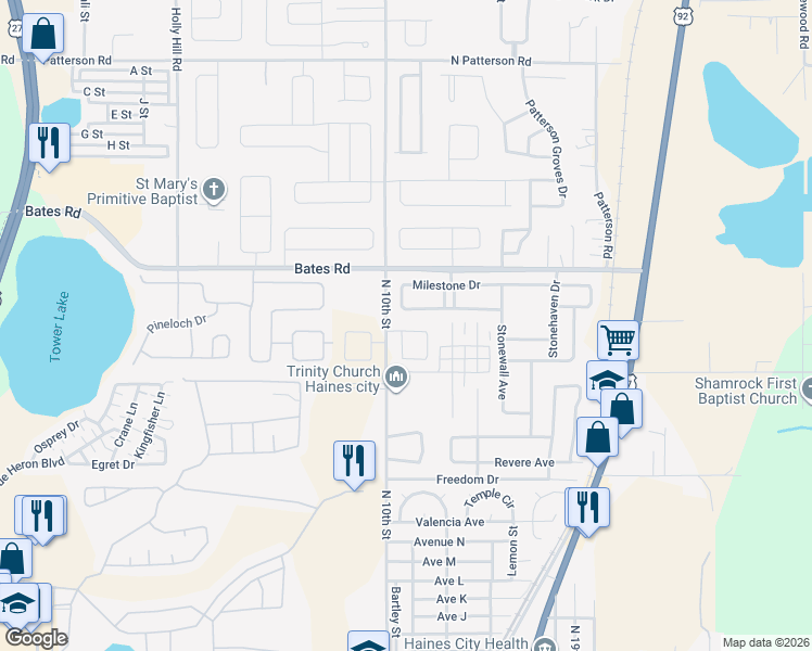 map of restaurants, bars, coffee shops, grocery stores, and more near 316 Rooks Loop in Haines City