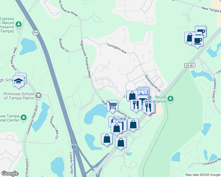 map of restaurants, bars, coffee shops, grocery stores, and more near 18139 Bridle Club Drive in Tampa