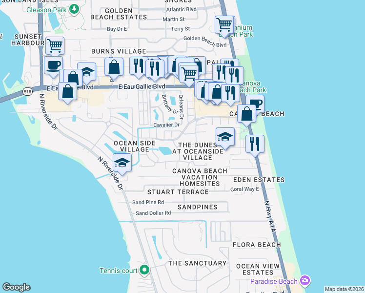 map of restaurants, bars, coffee shops, grocery stores, and more near 271 Rose Cup Lane in Indialantic