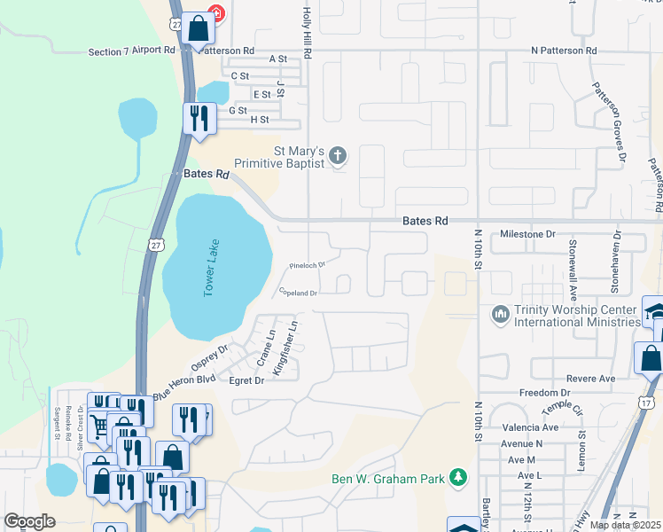 map of restaurants, bars, coffee shops, grocery stores, and more near 510 Pineloch Drive in Haines City