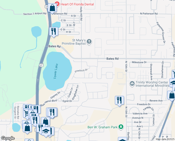 map of restaurants, bars, coffee shops, grocery stores, and more near 510 Pineloch Drive in Haines City