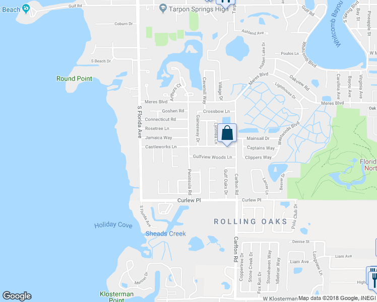 map of restaurants, bars, coffee shops, grocery stores, and more near 1015 Peninsula Road in Tarpon Springs