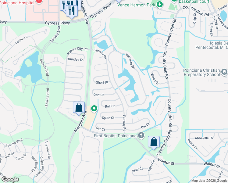 map of restaurants, bars, coffee shops, grocery stores, and more near 460 Cart Court in Kissimmee