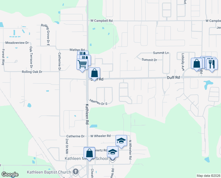 map of restaurants, bars, coffee shops, grocery stores, and more near 3606 Hileman Drive North in Lakeland
