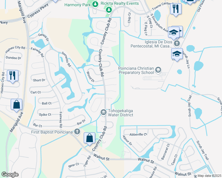 map of restaurants, bars, coffee shops, grocery stores, and more near 707 Tournament Lane in Kissimmee
