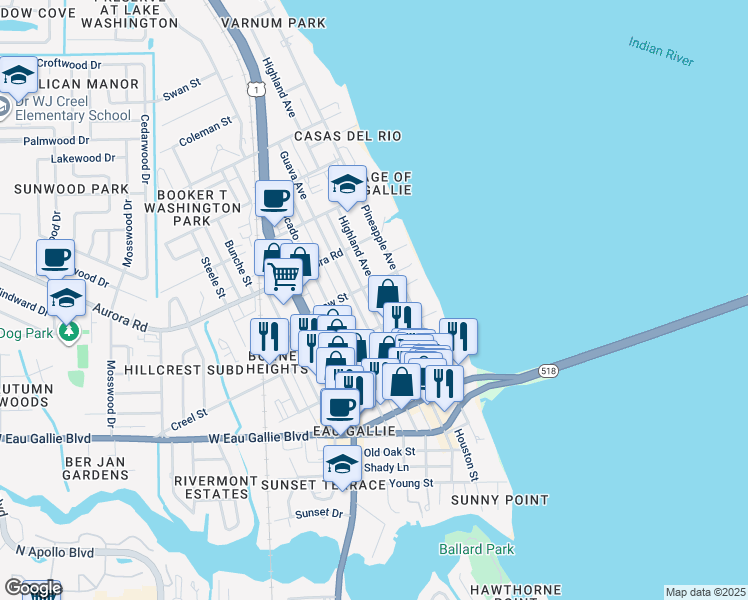 map of restaurants, bars, coffee shops, grocery stores, and more near 1674 Highland Avenue in Melbourne
