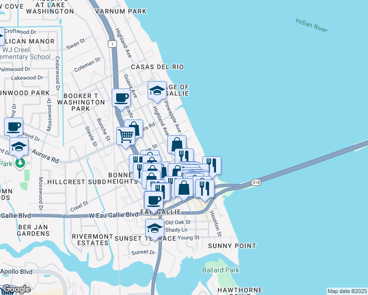 map of restaurants, bars, coffee shops, grocery stores, and more near 1666 Pineapple Avenue in Melbourne