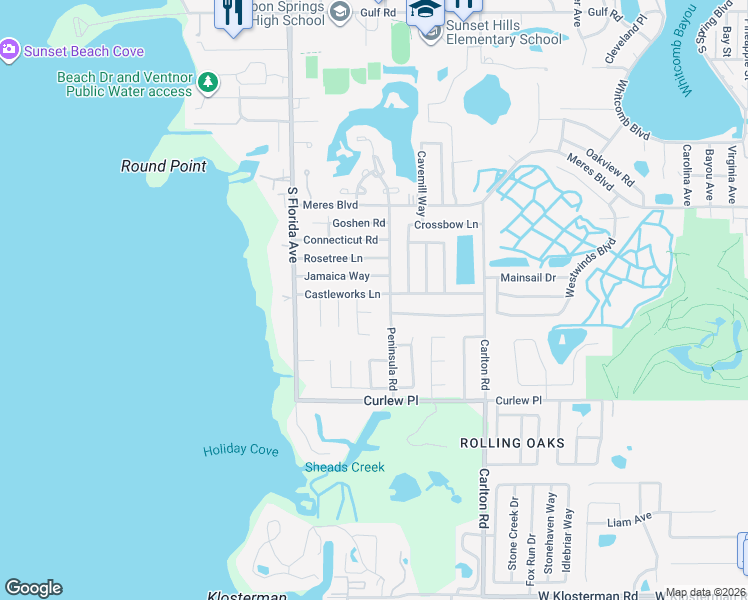 map of restaurants, bars, coffee shops, grocery stores, and more near 1403 Castleworks Lane in Tarpon Springs