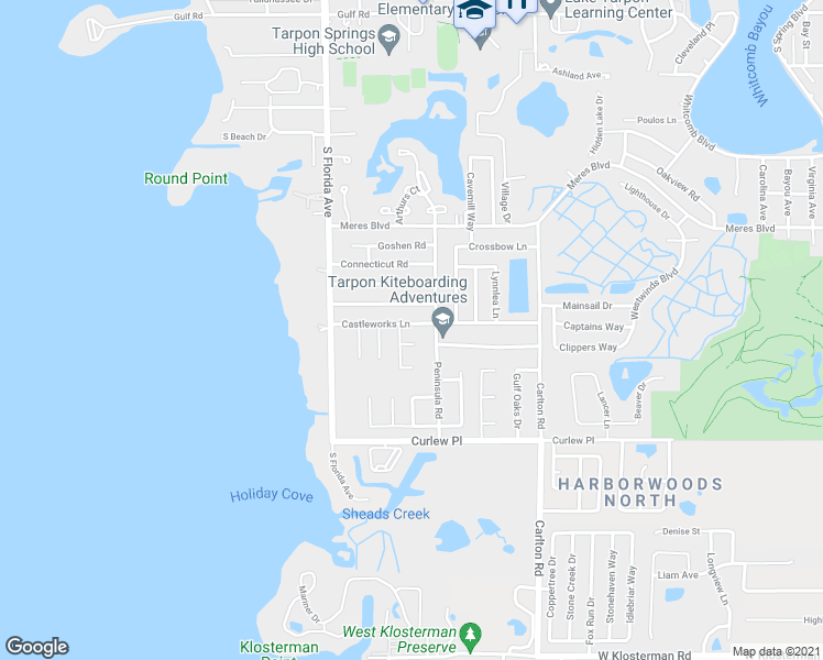 map of restaurants, bars, coffee shops, grocery stores, and more near 1407 Castleworks Lane in Tarpon Springs