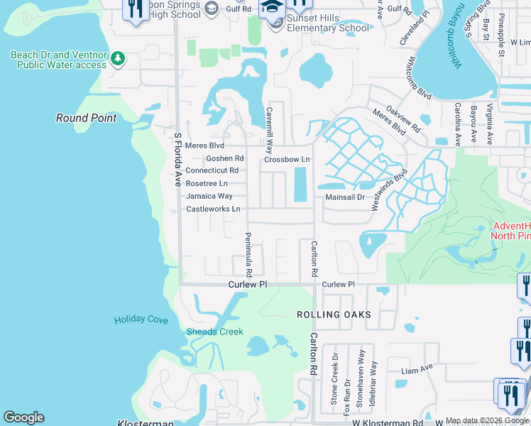 map of restaurants, bars, coffee shops, grocery stores, and more near 1317 Castleworks Lane in Tarpon Springs