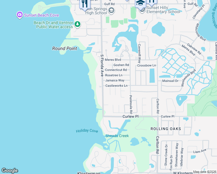 map of restaurants, bars, coffee shops, grocery stores, and more near 1004 Greenleaf Way in Tarpon Springs