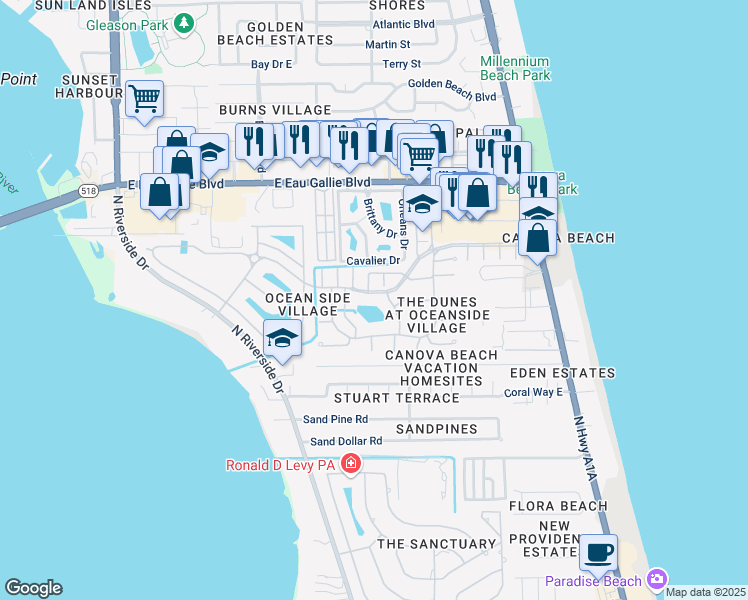 map of restaurants, bars, coffee shops, grocery stores, and more near 301 Oceanside Boulevard in Indialantic