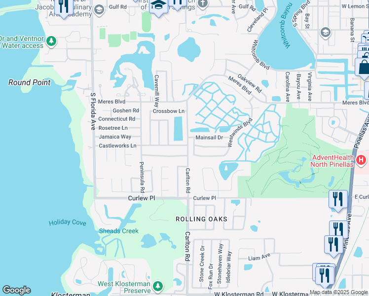 map of restaurants, bars, coffee shops, grocery stores, and more near 1201 Castleworks Lane in Tarpon Springs