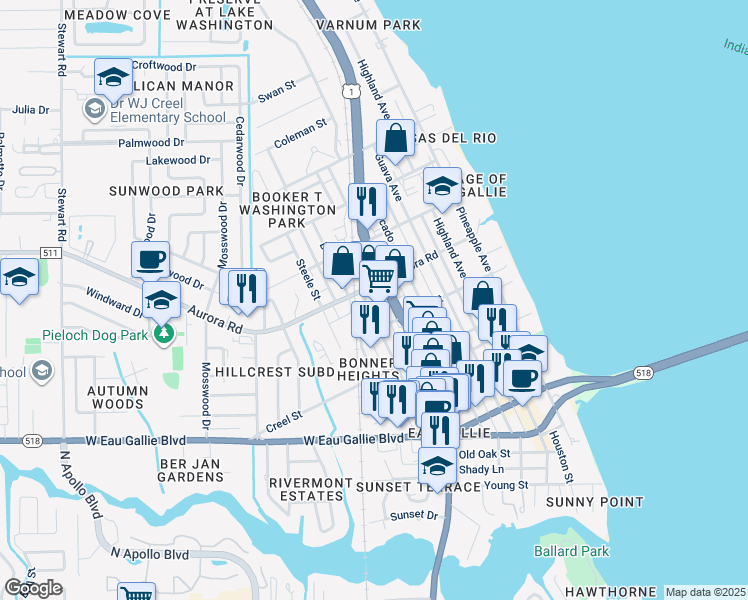 map of restaurants, bars, coffee shops, grocery stores, and more near 1684 Cypress Avenue in Melbourne