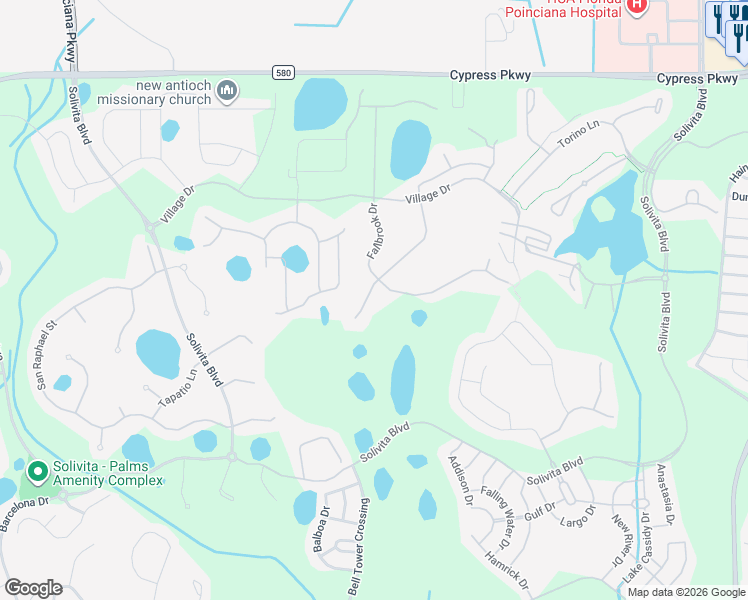 map of restaurants, bars, coffee shops, grocery stores, and more near 2748 Palm Tree Drive in Kissimmee