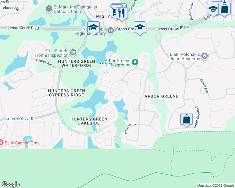 map of restaurants, bars, coffee shops, grocery stores, and more near 10124 Heather Sound Drive in Tampa