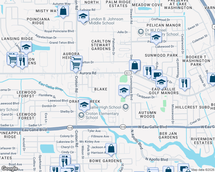 map of restaurants, bars, coffee shops, grocery stores, and more near 1600 Seneca Drive in Melbourne