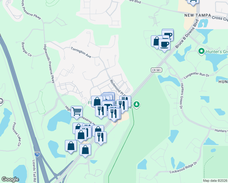 map of restaurants, bars, coffee shops, grocery stores, and more near 18002 Richmond Place Drive in Tampa