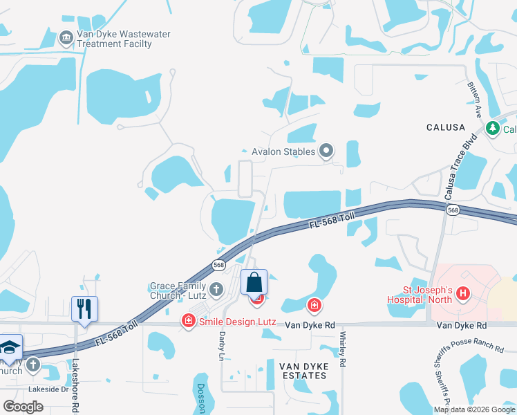 map of restaurants, bars, coffee shops, grocery stores, and more near 18020 Lake Reflections Boulevard in Lutz