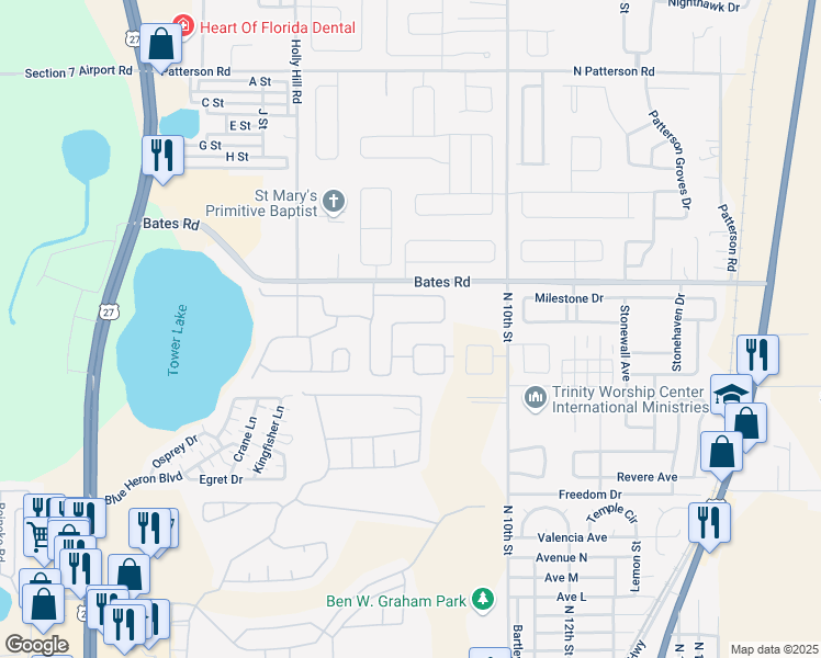 map of restaurants, bars, coffee shops, grocery stores, and more near 189 Minniehaha Circle in Haines City