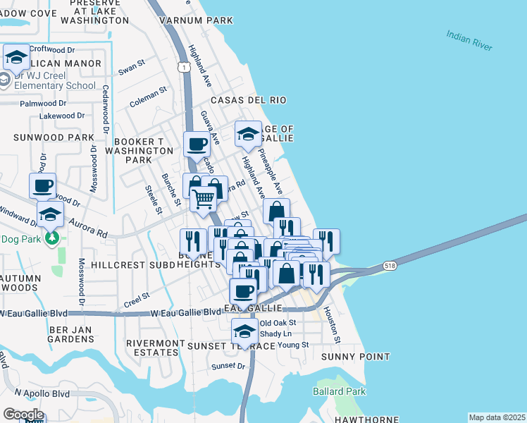map of restaurants, bars, coffee shops, grocery stores, and more near 1674 Highland Avenue in Melbourne