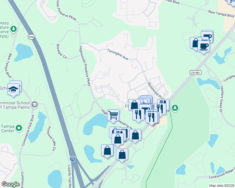 map of restaurants, bars, coffee shops, grocery stores, and more near 18235 Bridle Club Drive in Tampa