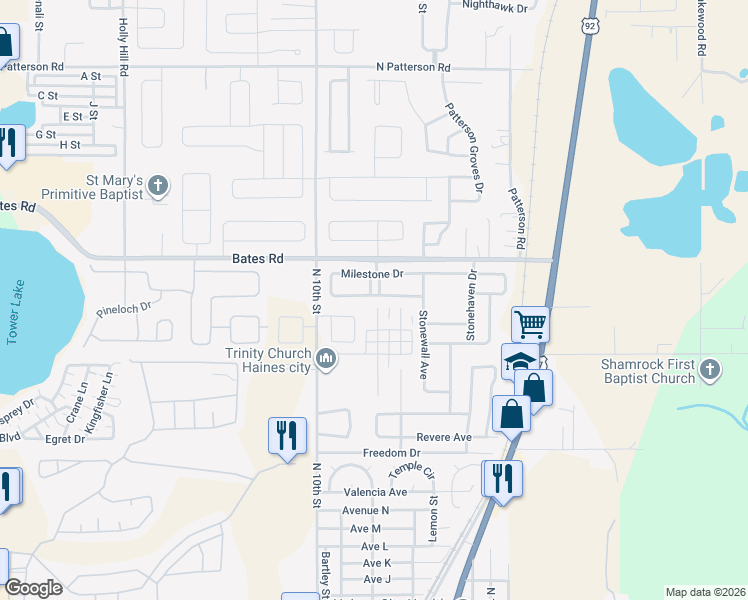map of restaurants, bars, coffee shops, grocery stores, and more near 260 Milestone Drive in Haines City