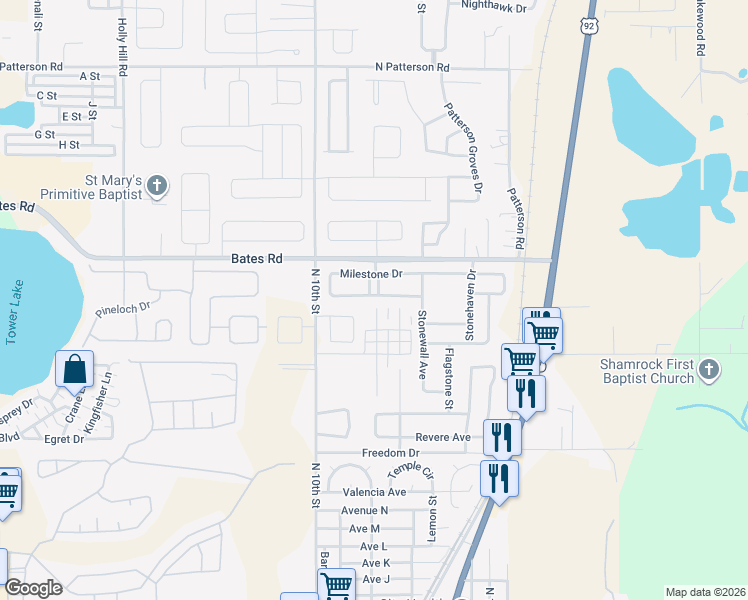 map of restaurants, bars, coffee shops, grocery stores, and more near 260 Milestone Drive in Haines City