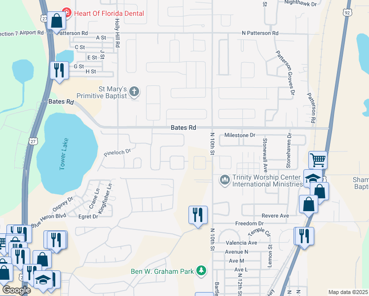 map of restaurants, bars, coffee shops, grocery stores, and more near 205 Minniehaha Circle in Haines City