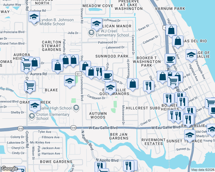 map of restaurants, bars, coffee shops, grocery stores, and more near 1409 Aurora Rd in Melbourne