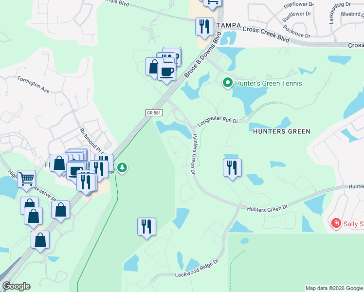 map of restaurants, bars, coffee shops, grocery stores, and more near 17918 Holly Brook Drive in Tampa