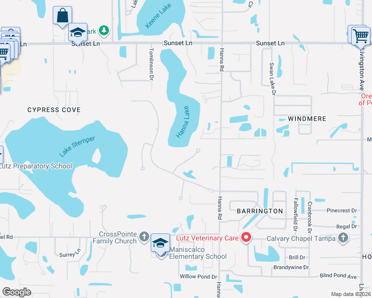 map of restaurants, bars, coffee shops, grocery stores, and more near 17814 Tidewater Bay Lane in Lutz