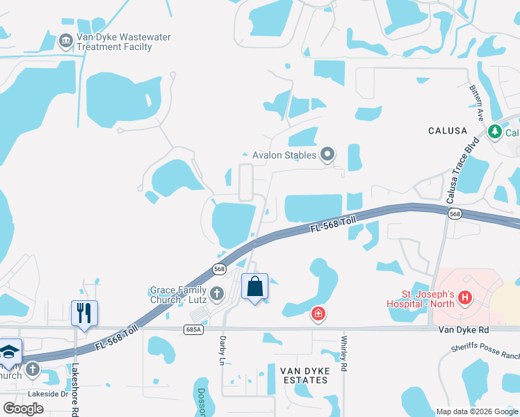 map of restaurants, bars, coffee shops, grocery stores, and more near 18016 Darby Lane in Lutz