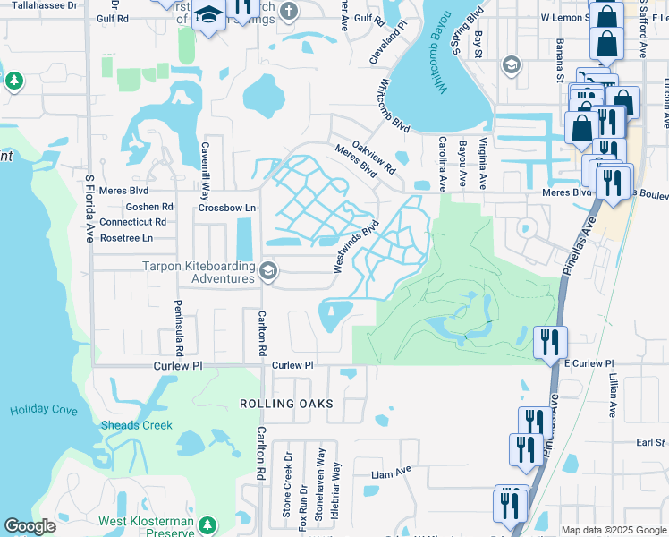 map of restaurants, bars, coffee shops, grocery stores, and more near 1037 Captains Way in Tarpon Springs