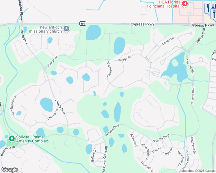 map of restaurants, bars, coffee shops, grocery stores, and more near 2748 Palm Tree Drive in Kissimmee