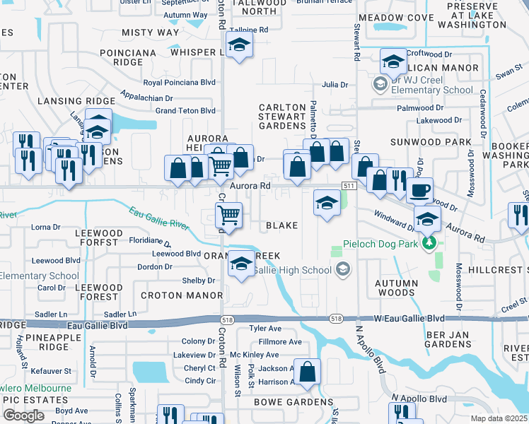map of restaurants, bars, coffee shops, grocery stores, and more near 201 Wolverine Street in Melbourne