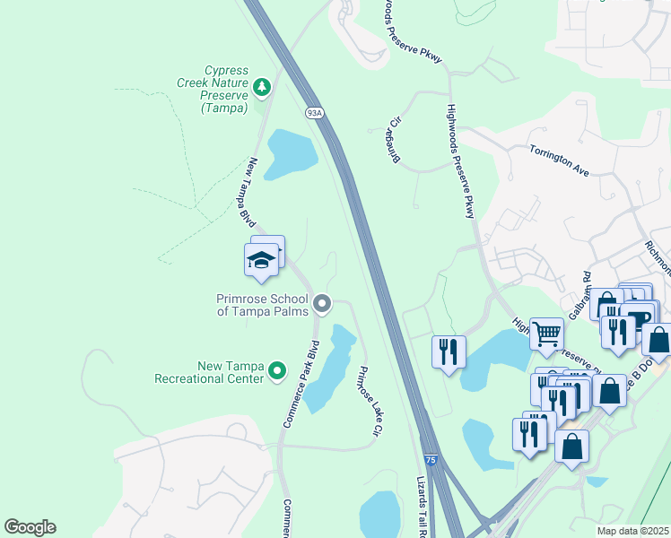 map of restaurants, bars, coffee shops, grocery stores, and more near Brookside Trace Ct in Tampa