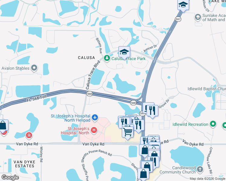 map of restaurants, bars, coffee shops, grocery stores, and more near 4201 Woodstorks Walk Way in Lutz