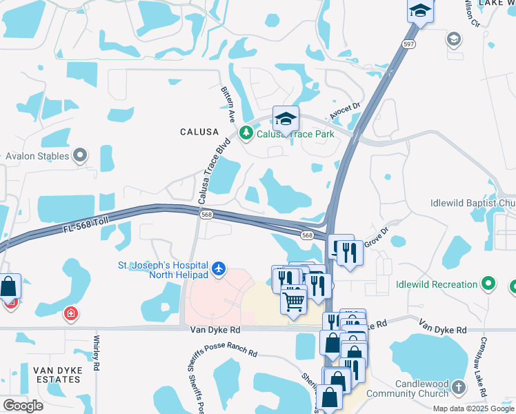 map of restaurants, bars, coffee shops, grocery stores, and more near 4201 Woodstorks Walk Way in Lutz