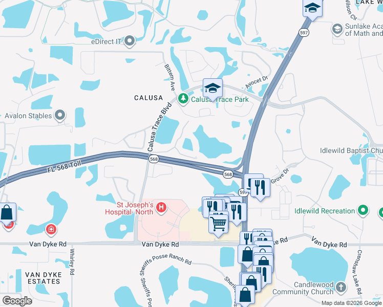 map of restaurants, bars, coffee shops, grocery stores, and more near 4201 Woodstorks Walk Way in Lutz