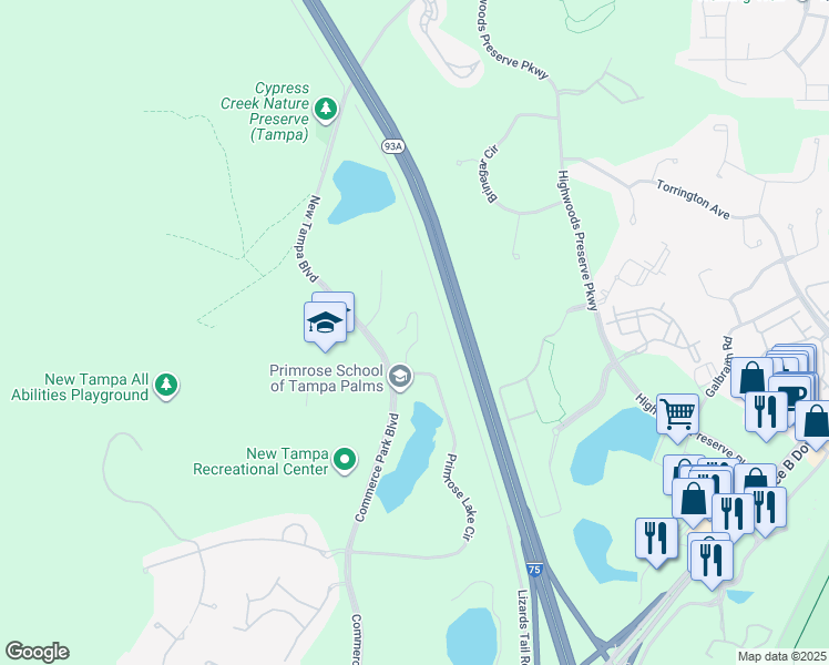map of restaurants, bars, coffee shops, grocery stores, and more near 17470 Brookside Trace Court in Tampa