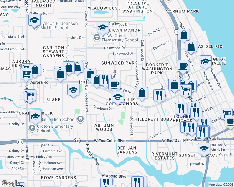 map of restaurants, bars, coffee shops, grocery stores, and more near 1409 Aurora Road in Melbourne