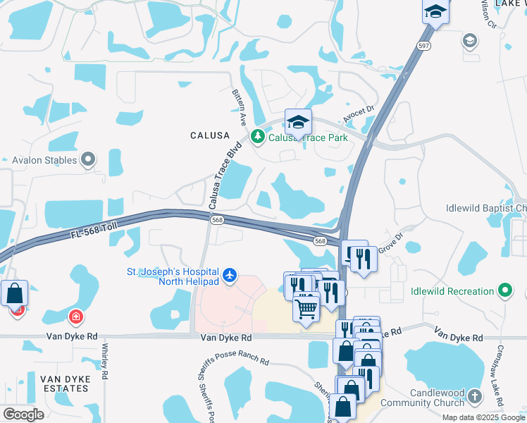 map of restaurants, bars, coffee shops, grocery stores, and more near 4201 Woodstorks Walk Way in Lutz