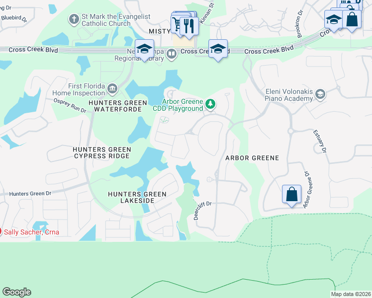 map of restaurants, bars, coffee shops, grocery stores, and more near 10136 Heather Sound Drive in Tampa