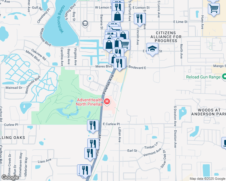 map of restaurants, bars, coffee shops, grocery stores, and more near Tiki Drive in Tarpon Springs